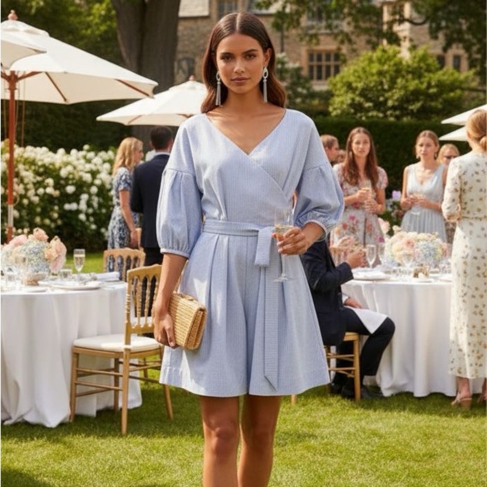 ADEAM BLUE & WHITE ROMPER SEERSUCKER FAUX-WRAP V NECKLINE 3/4 SLEEVE WOM…
